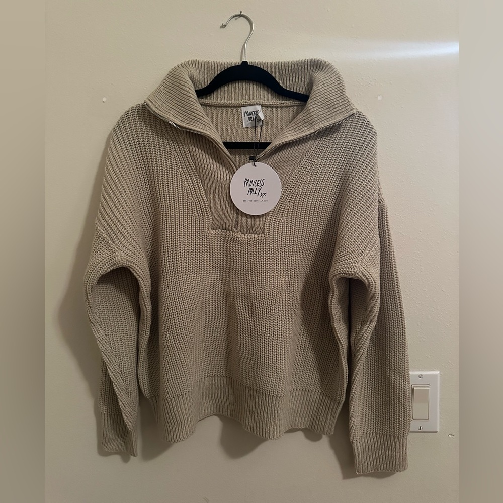 Princess Polly ferry zip front sweater beige